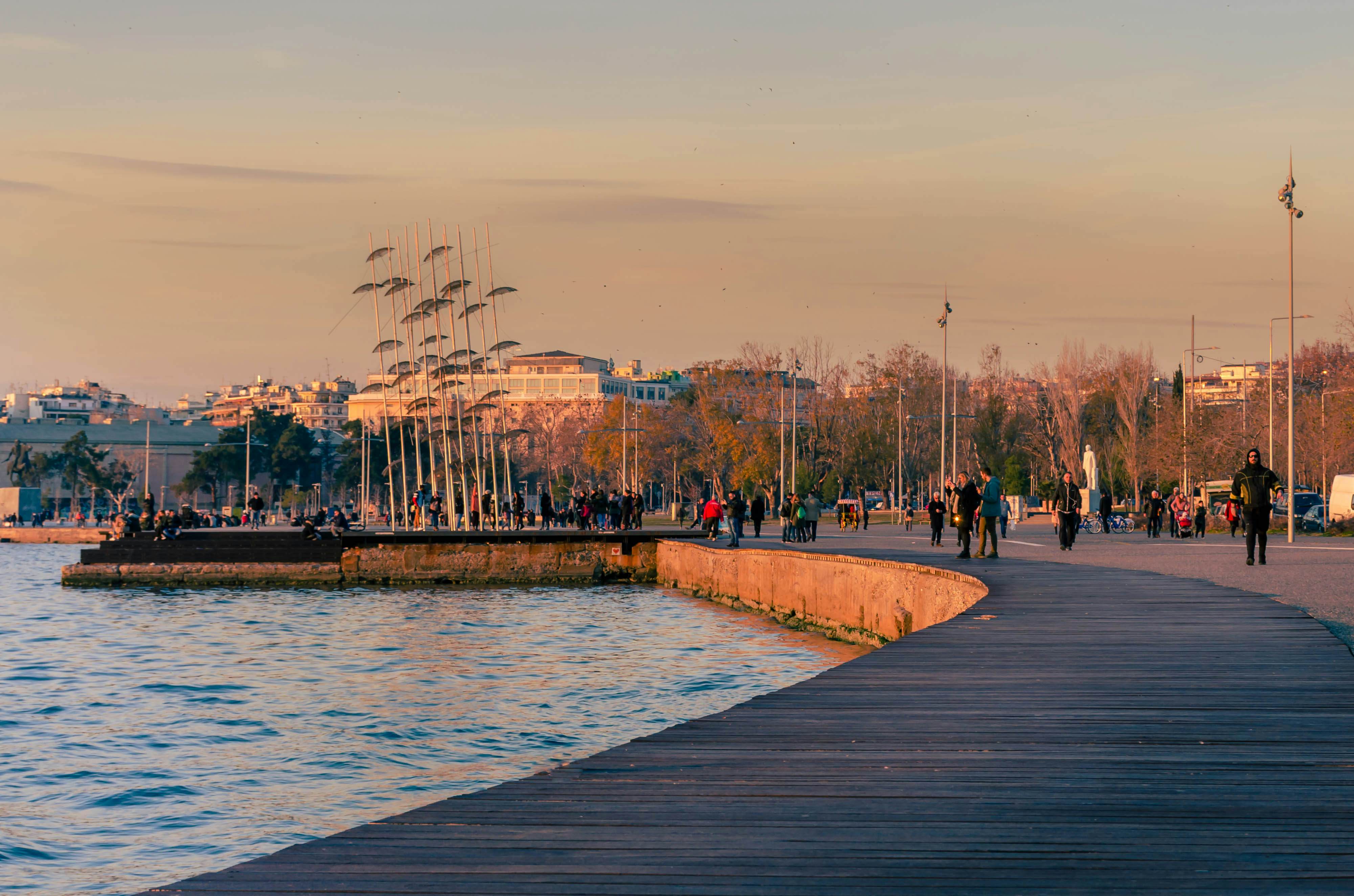 View of the Umbrellas sculpture created in 1997 by the sculptor Georgios Zongolopoulos, located at the seafront of Thessaloniki.