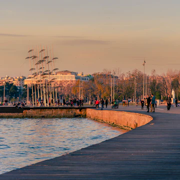 View of the Umbrellas sculpture created in 1997 by the sculptor Georgios Zongolopoulos, located at the seafront of Thessaloniki.