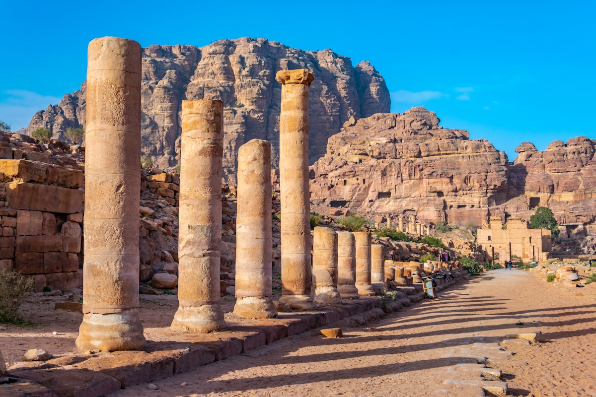 Colonnaded street leading to the Qasr al Bint in Petra, Jordan.