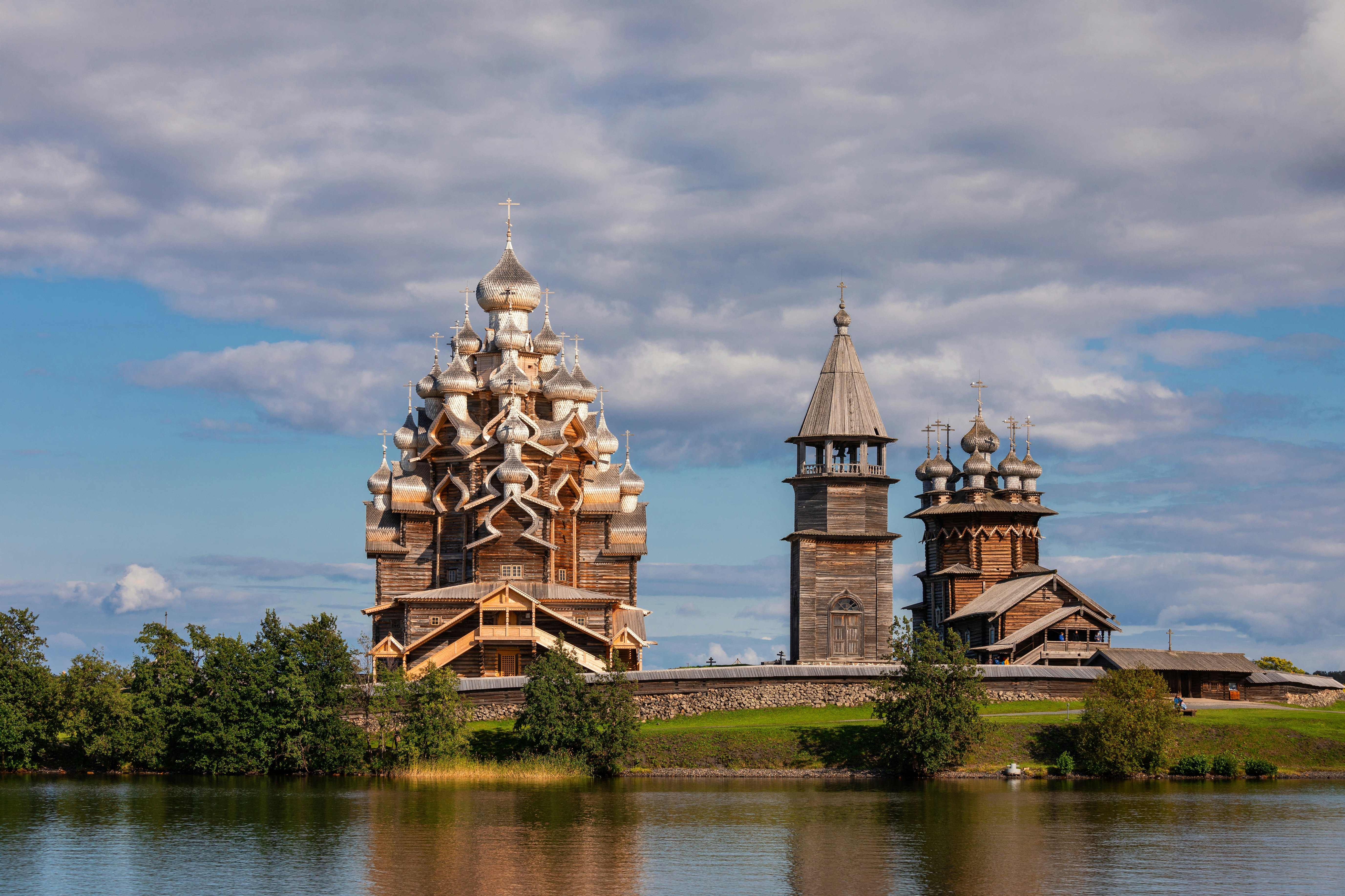 17th-century wooden churches and bell tower of Kizhi Pogost historical site.