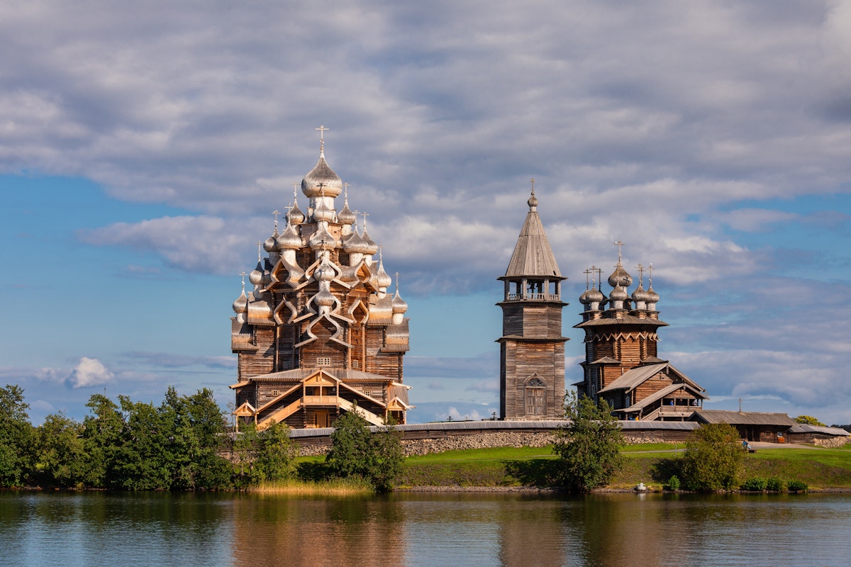 17th-century wooden churches and bell tower of Kizhi Pogost historical site.