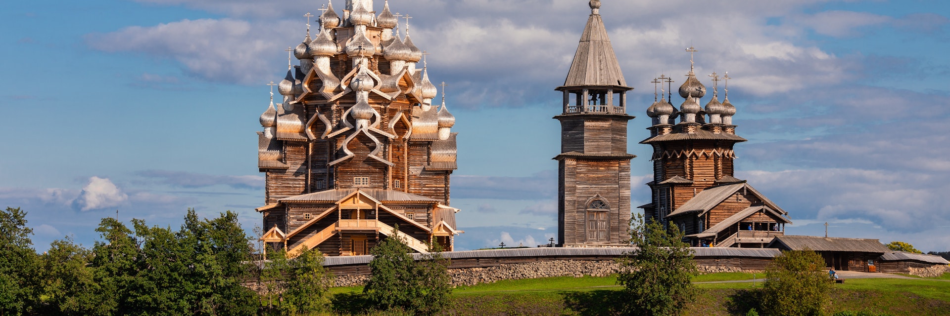 17th-century wooden churches and bell tower of Kizhi Pogost historical site.