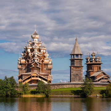 17th-century wooden churches and bell tower of Kizhi Pogost historical site.