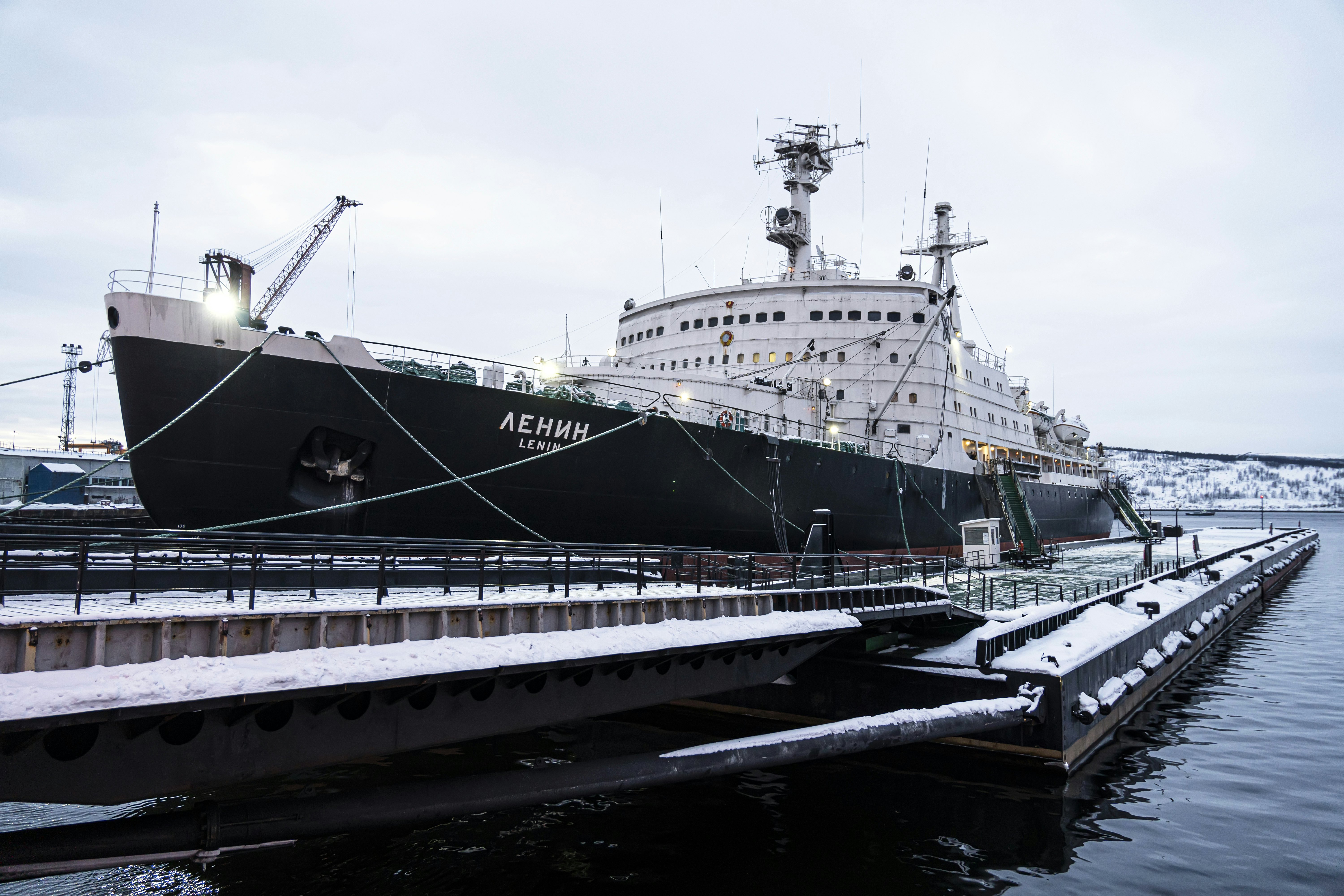 Nuclear icebreaker Lenin in the port of Murmansk in winter.