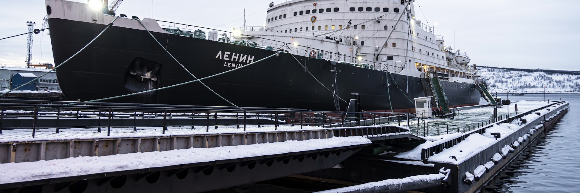 Nuclear icebreaker Lenin in the port of Murmansk in winter.