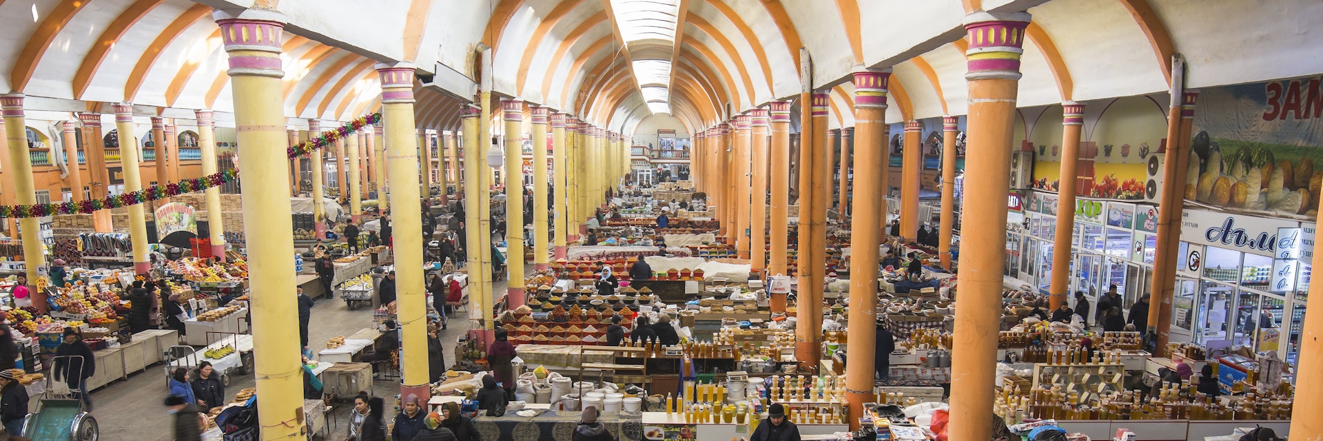 The interior of Panjshanbe market in Khujand, Tajikstan.