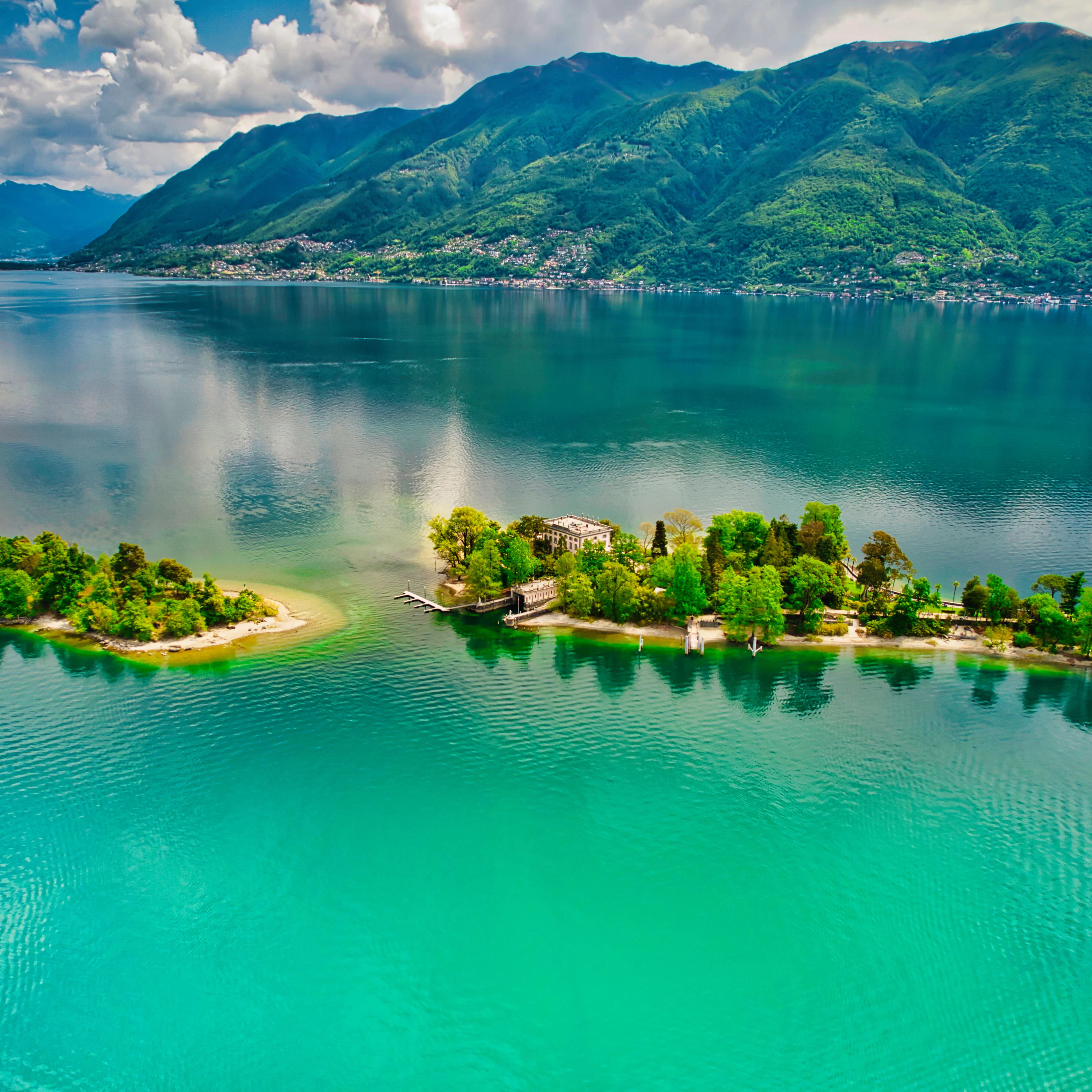 An aerial view of the Isole di Brissago in Ticino, Switzerland.