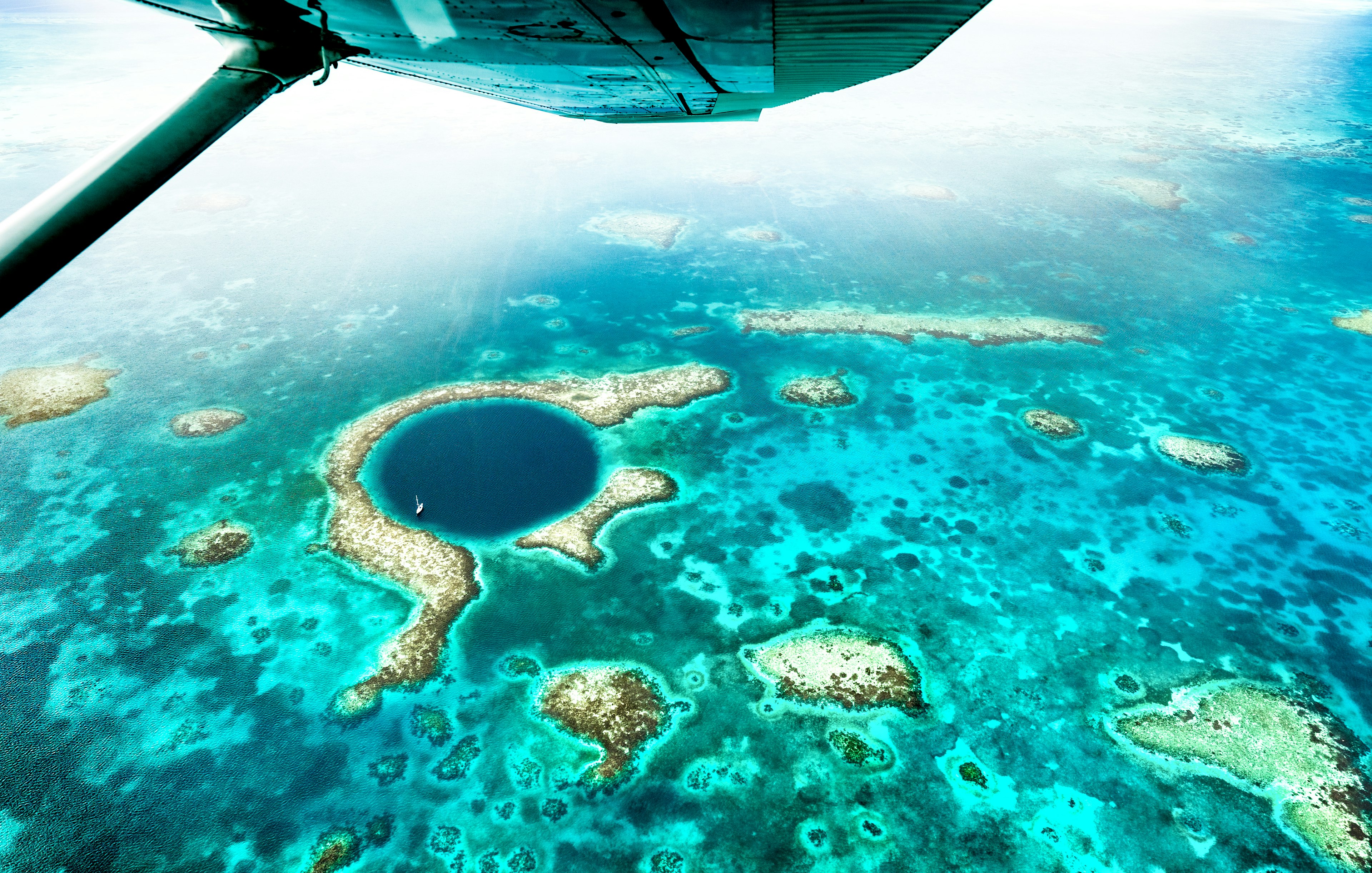 Aerial panoramic view of the Great Blue Hole, Belize