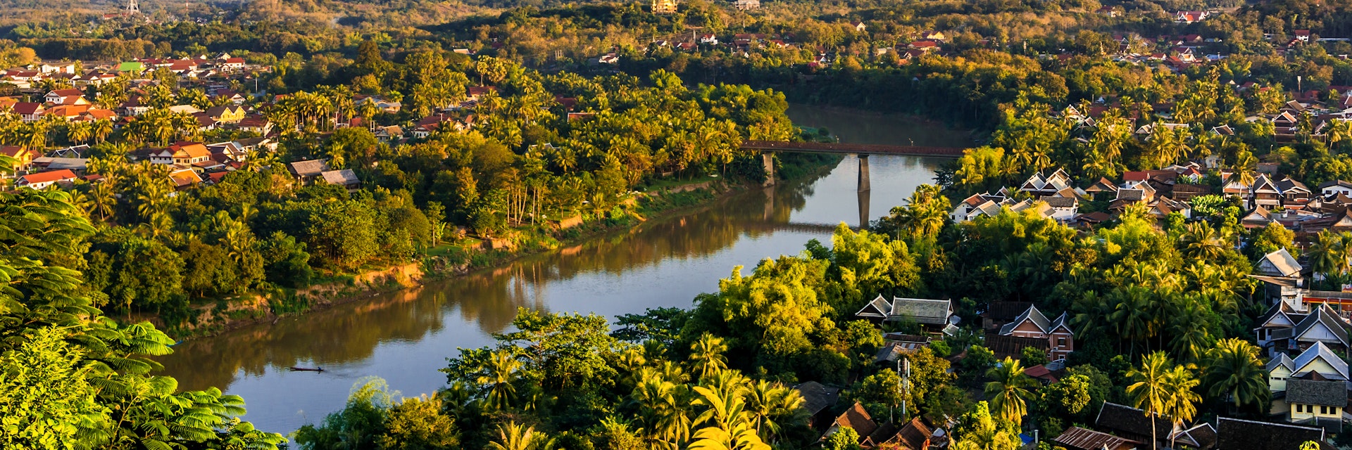 Sunset view over the city from Mount Phousi, a sacred mountain located in the heart of the former capital of Laos.