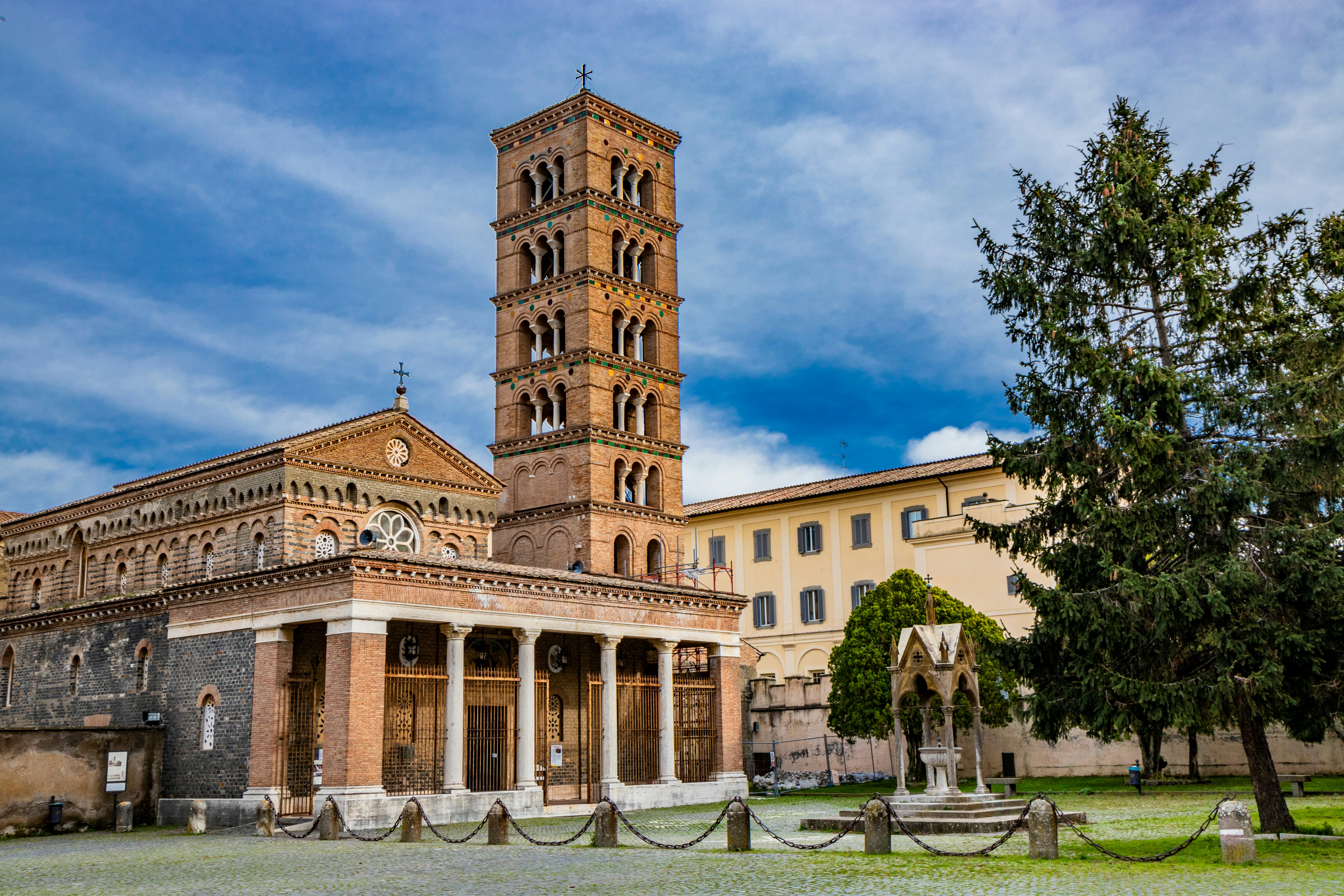 The church, the bell tower, and the liturgical fountain "the Paradise" in the Exarchic Monastery of Saint Mary in Grottaferrata, Greek Abbey of Saint Nilus, the last Byzantine-Greek monastery in Italy.