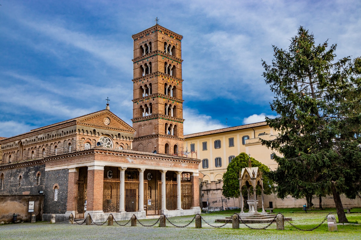 The church, the bell tower, and the liturgical fountain "the Paradise" in the Exarchic Monastery of Saint Mary in Grottaferrata, Greek Abbey of Saint Nilus, the last Byzantine-Greek monastery in Italy.