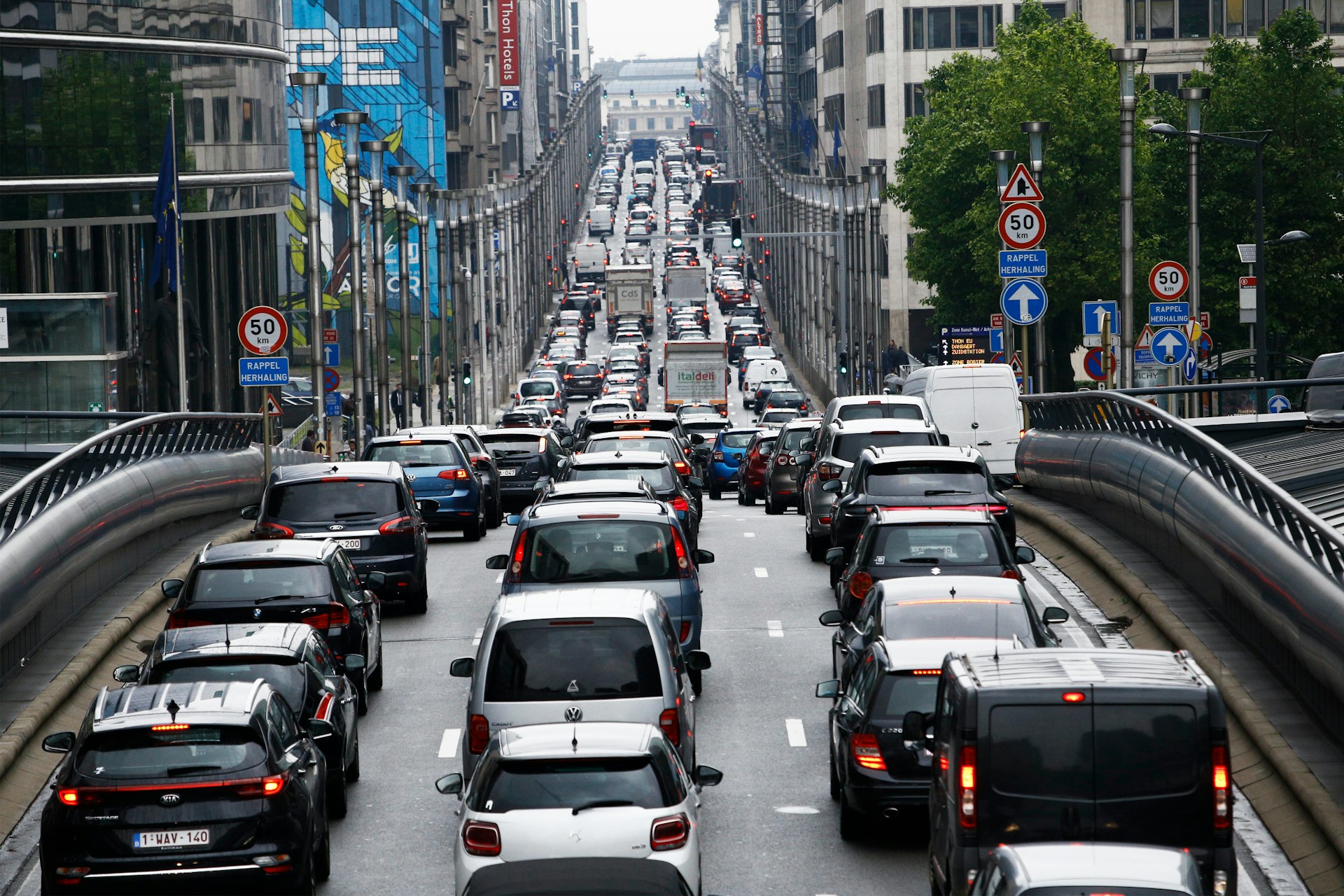 A traffic jam in a central street of Brussels