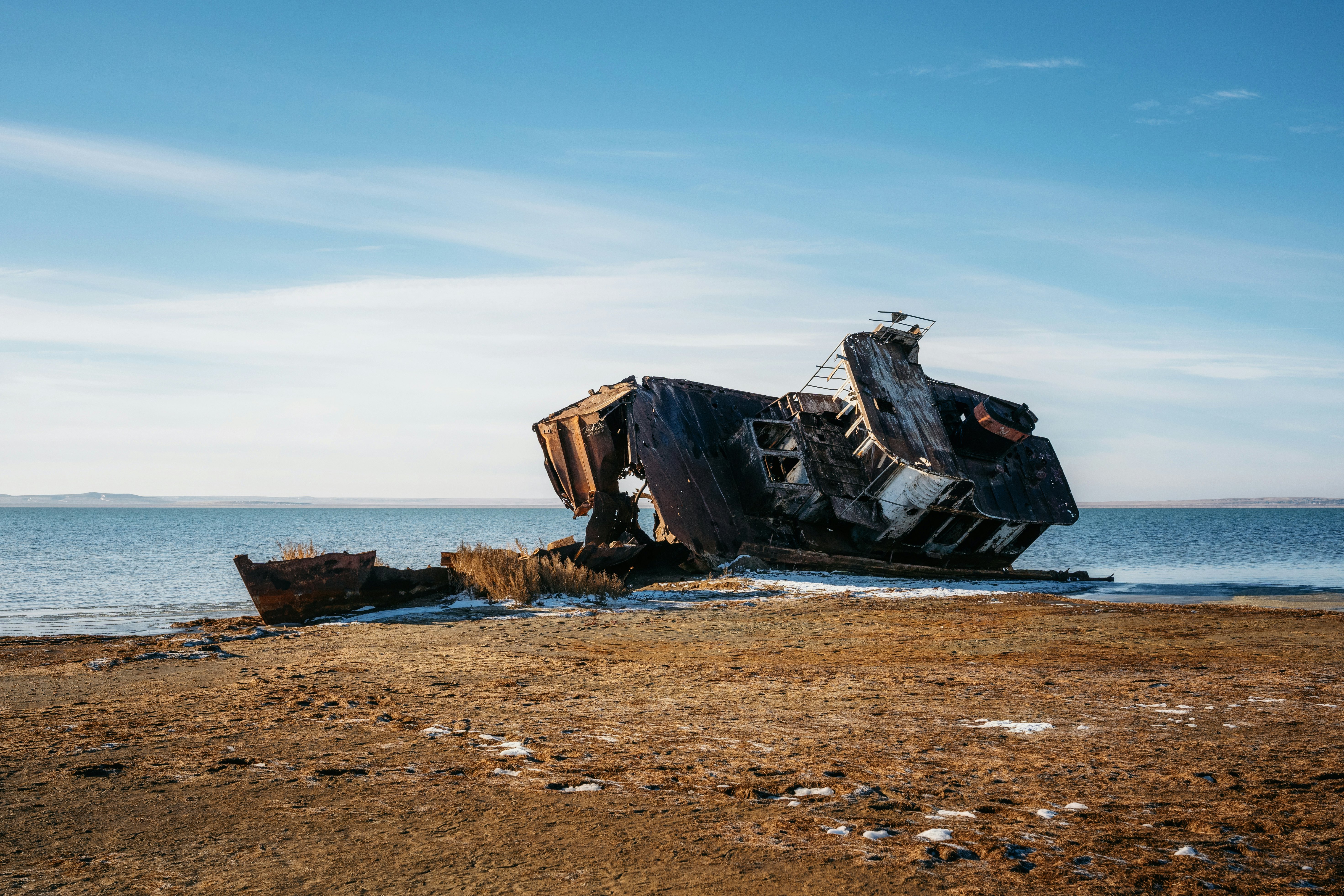 Ship remains on shore of the Aral sea, Kazakhstan.