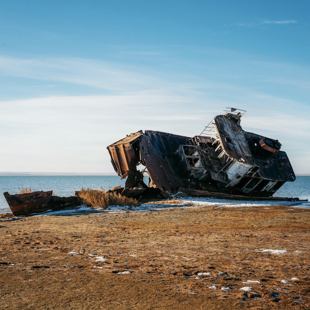 Ship remains on shore of the Aral sea, Kazakhstan.