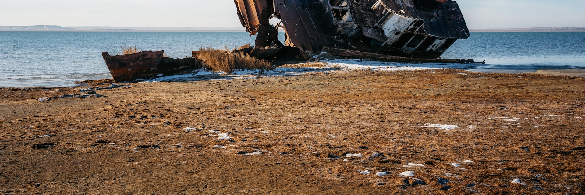 Ship remains on shore of the Aral sea, Kazakhstan.