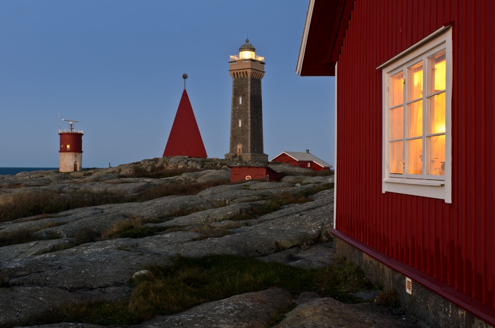 Vinga lighthouse and wooden buildings. 