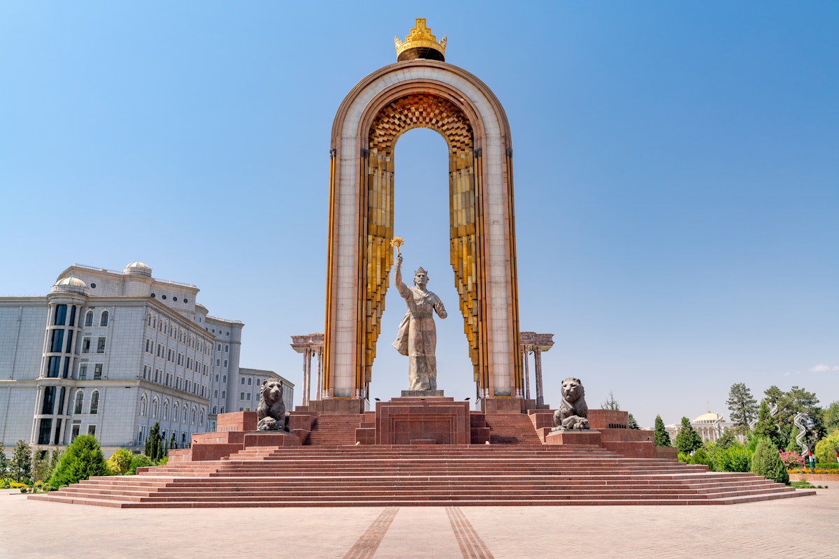 The statue of Ismoil Somoni in the central square of Dushanbe, Tajikistan.