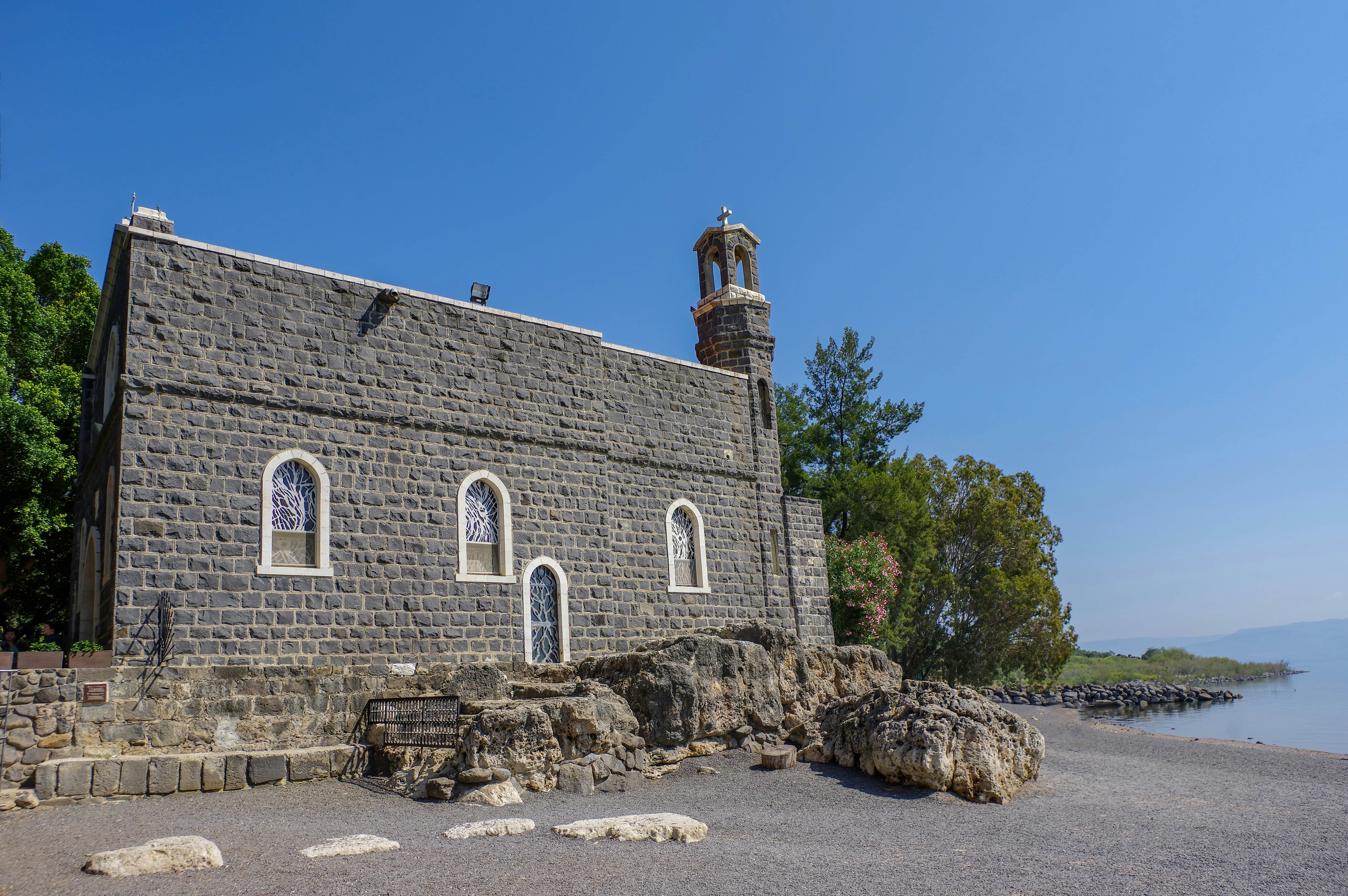 View from sea of Galilea to the Church of the Primacy of St. Peter.