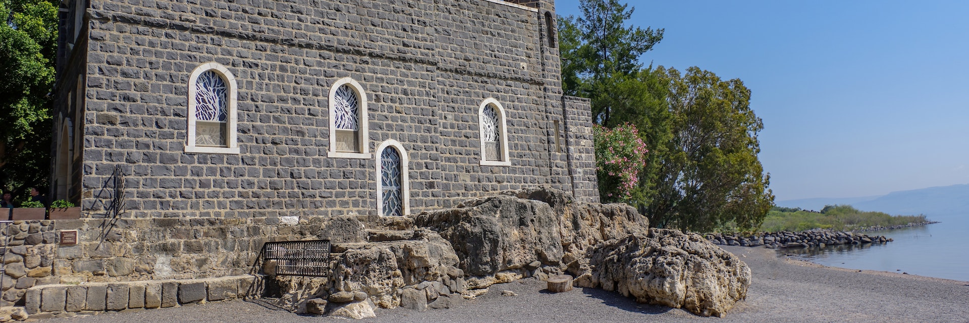 View from sea of Galilea to the Church of the Primacy of St. Peter.