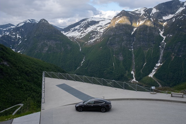 Balestrand, Norway - June 23, 2022: Gaularfjellet scenic route. A static shot of a solid black Tesla Model 3 dual motor long range with tinted windows and aero wheels. Winding roads. Selective focus; Shutterstock ID 2203948519; your: Brian Healy; gl: 65050; netsuite: Lonely Planet Online Editorial; full: best EV road trips in Europe
2203948519