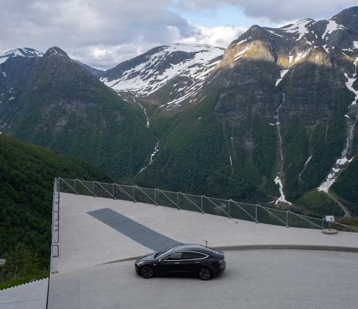 Balestrand, Norway - June 23, 2022: Gaularfjellet scenic route. A static shot of a solid black Tesla Model 3 dual motor long range with tinted windows and aero wheels. Winding roads. Selective focus; Shutterstock ID 2203948519; your: Brian Healy; gl: 65050; netsuite: Lonely Planet Online Editorial; full: best EV road trips in Europe
2203948519