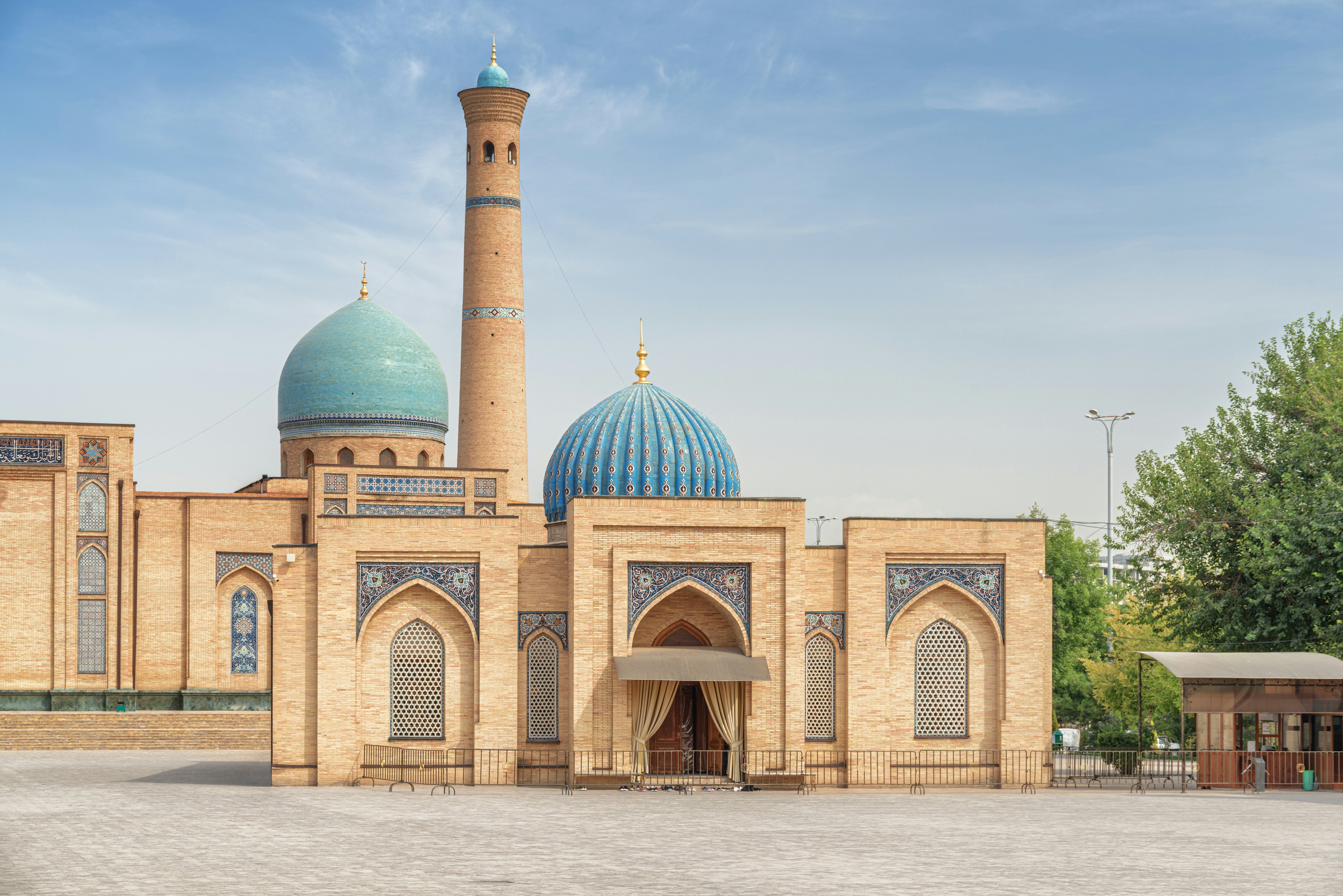 View of Hazrati Imam Mosque and Muyi Muborak Madrasah (Moyie Mubarek Library Museum) in Tashkent, Uzbekistan.