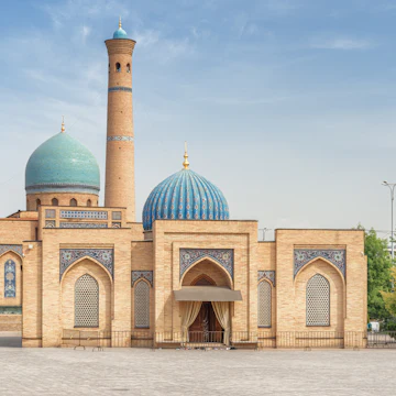 View of Hazrati Imam Mosque and Muyi Muborak Madrasah (Moyie Mubarek Library Museum) in Tashkent, Uzbekistan.