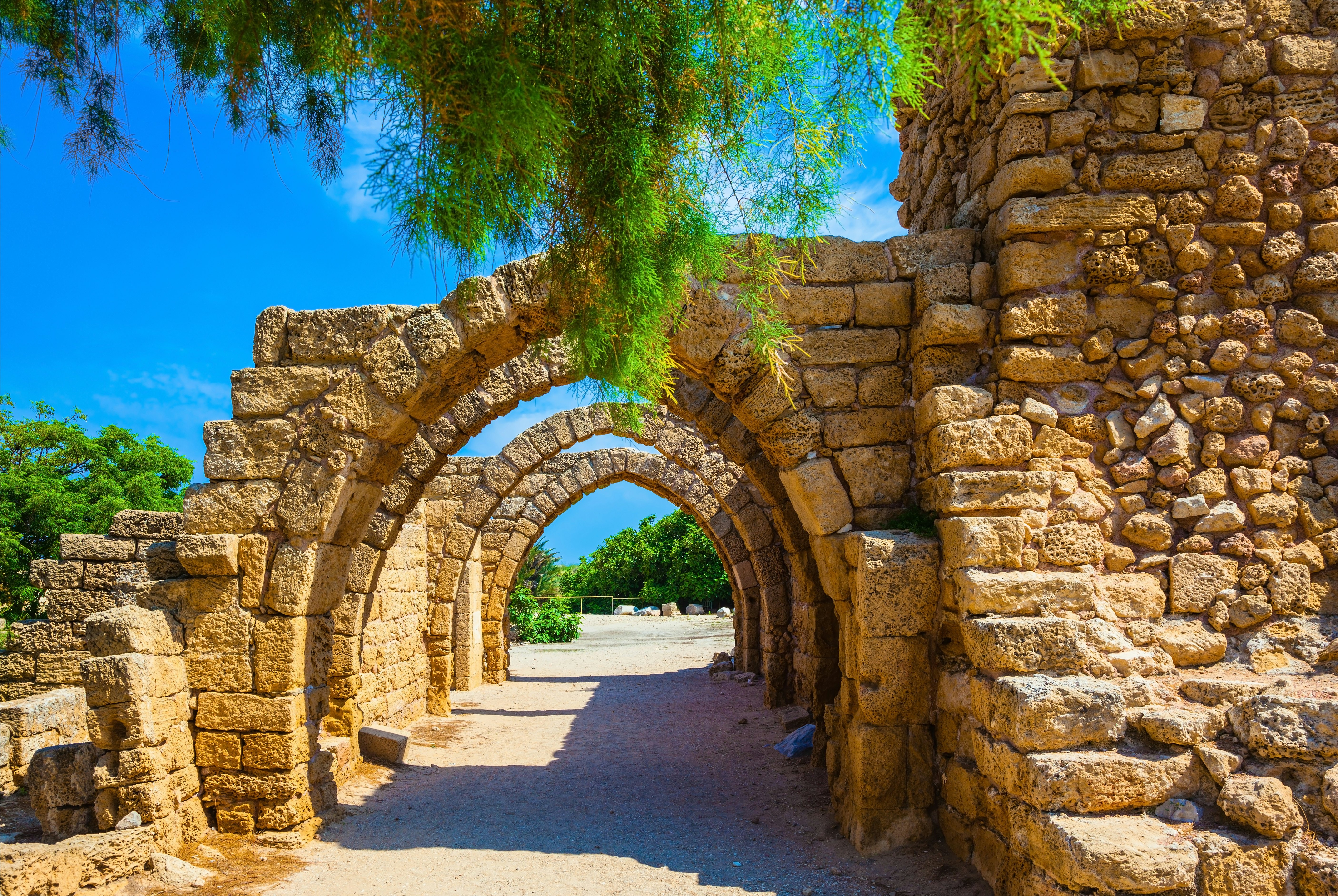 Superbly preserved ancient arched ceiling of stalls, National park Caesarea, Israel.