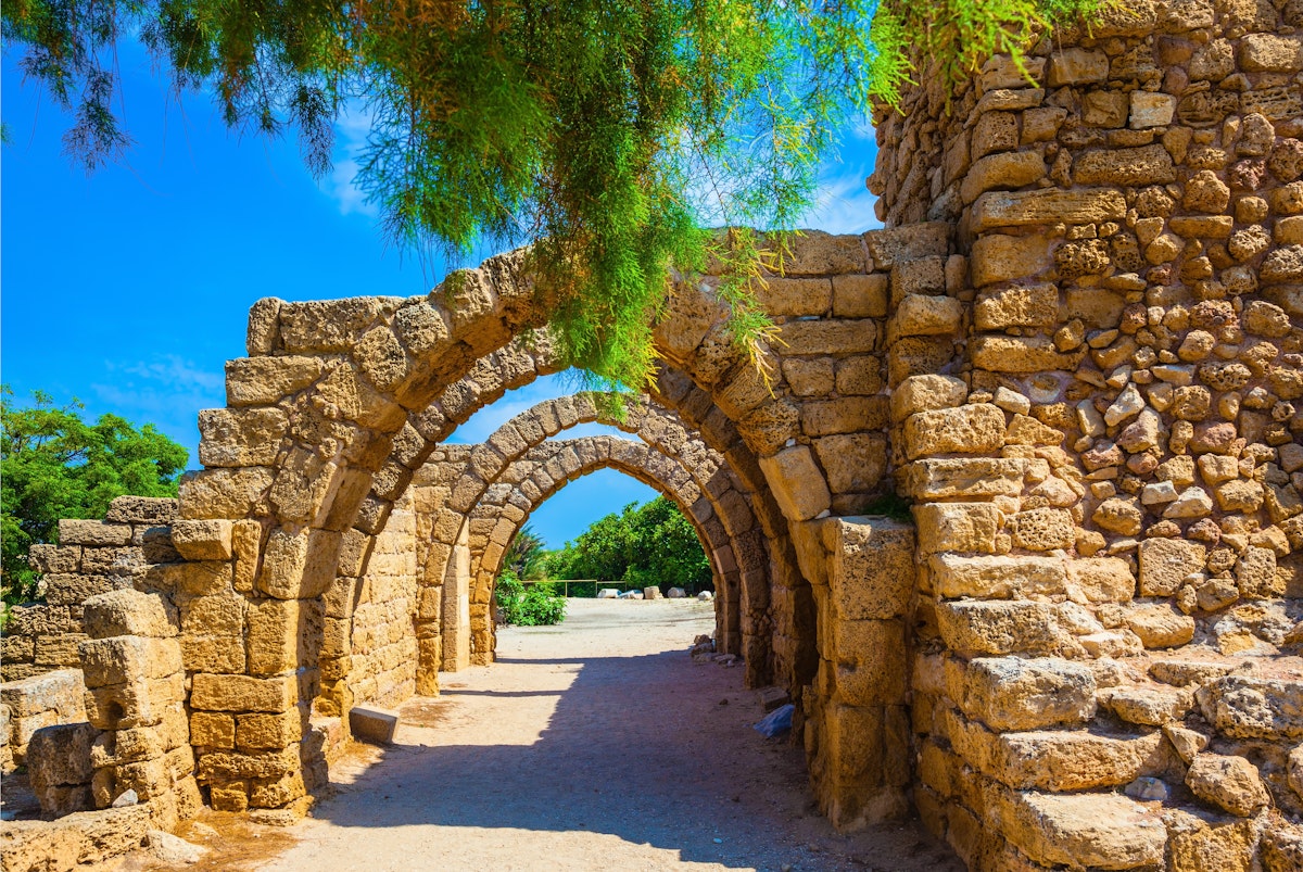 Superbly preserved ancient arched ceiling of stalls, National park Caesarea, Israel.