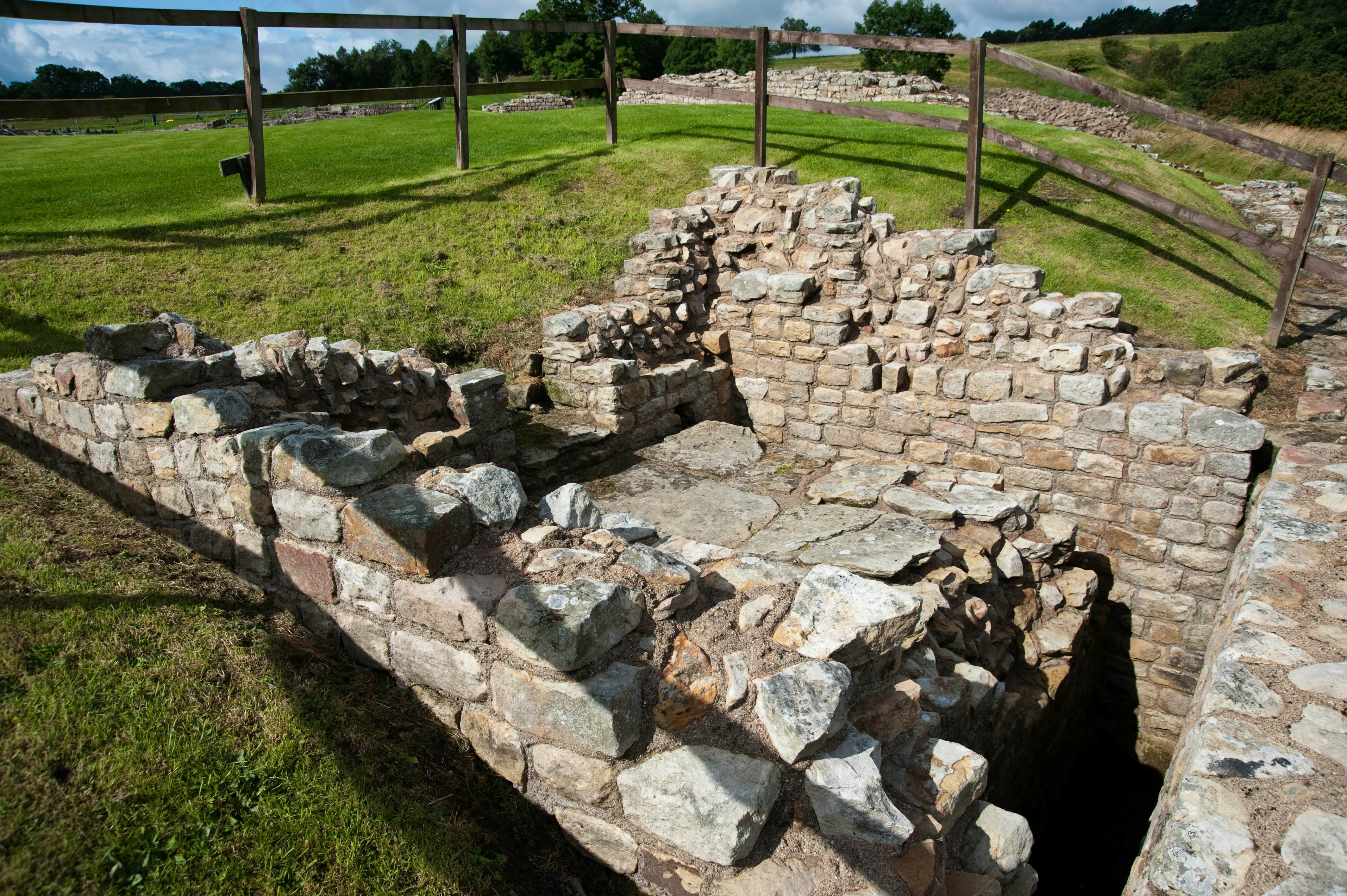 Ruins at Vindolanda Roman fort in England
45664927
archaeology, archeology, architecture, chesterholm, england, field, fort, hadrian, kingdom, roman, ruin, stanegate, stone, uk, united, vindolanda, wall