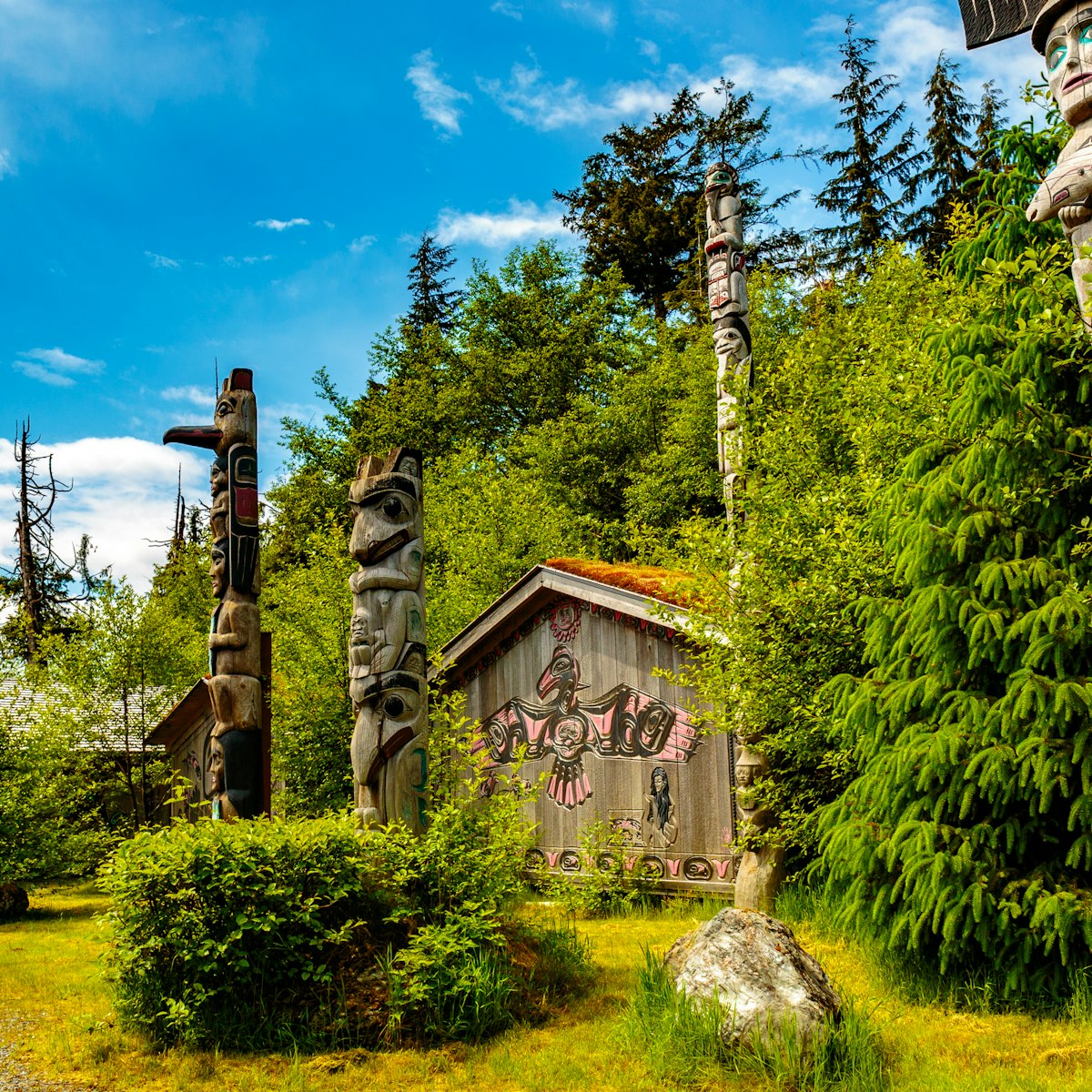 Native American Totems and Clan Houses located at Totem Bight State Historic Site.