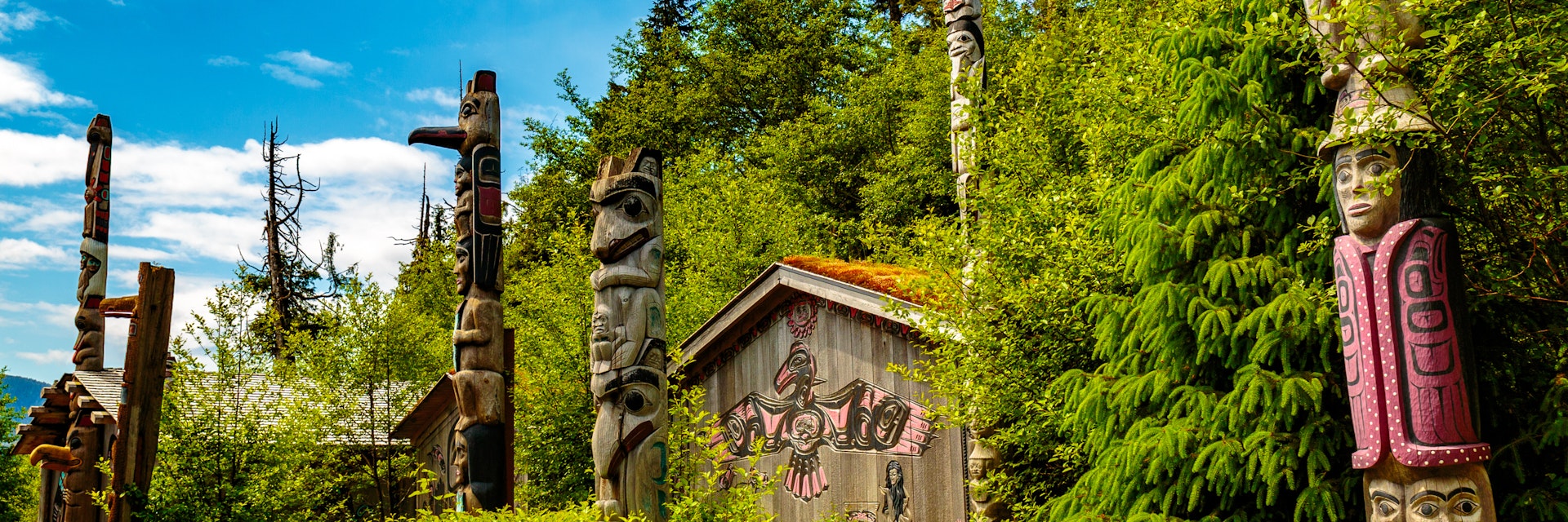 Native American Totems and Clan Houses located at Totem Bight State Historic Site.