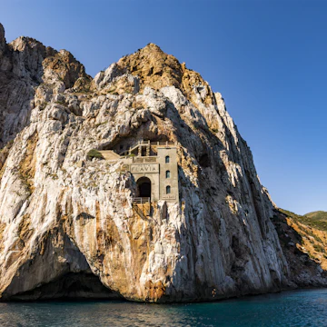 Porto Flavia, is a mine gallery designed by Engineer Cesare Vecelli in 1924, Masua, Sardinia, Italy.