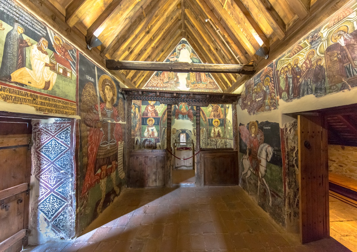 Interior of Church of Archangelos Michail or Archangel Michael in village of Pedoulas with Historic icon paintings.