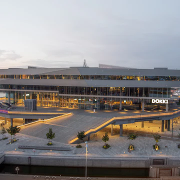 Aarhus skyline over Dokk1 library in the harbour, Denmark.