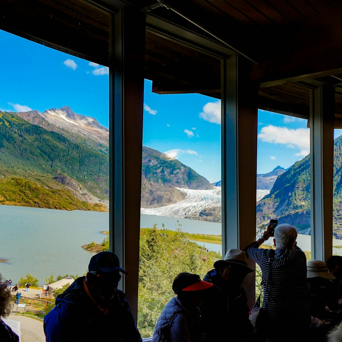 View of the glacier from the inside of the Mendenhall Glacier Visitor Center.