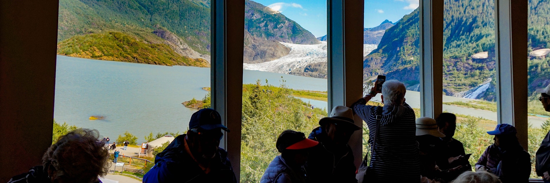 View of the glacier from the inside of the Mendenhall Glacier Visitor Center.