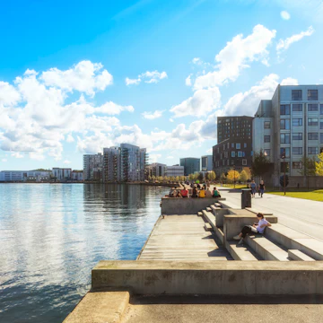 Waterfront of Aalborg around Østre Havn quarter and Musikkens Hus, view from the boardwalk on Limfjord shore.