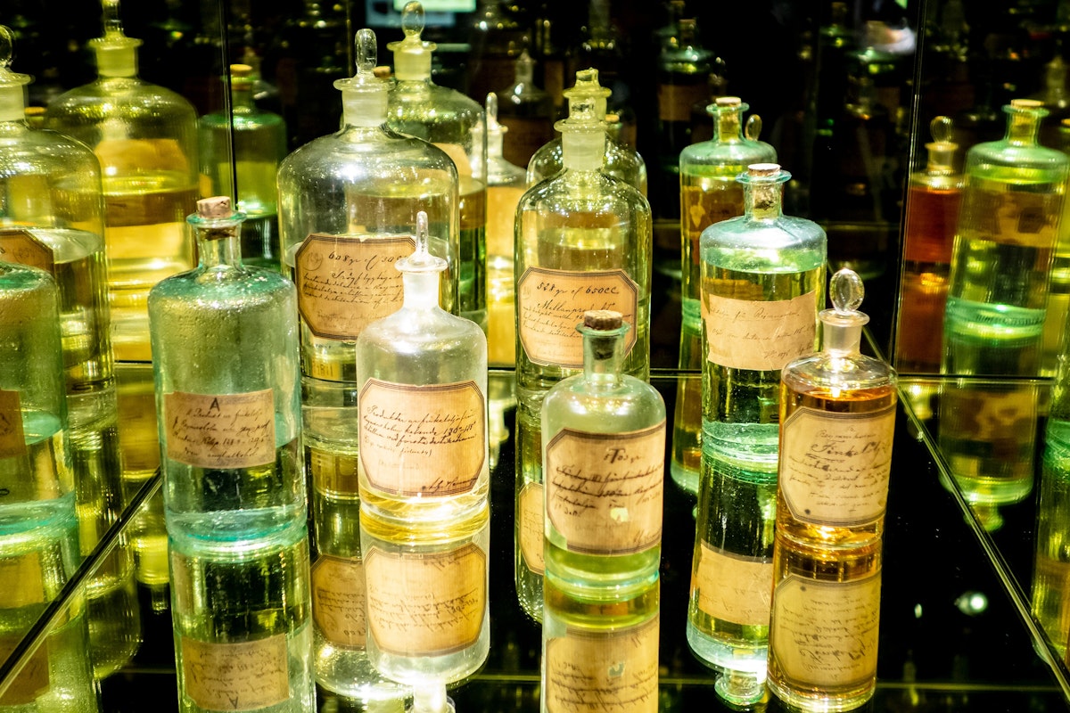 Antique spirit bottles at Spritmuseum in Stockholm, Sweden.
