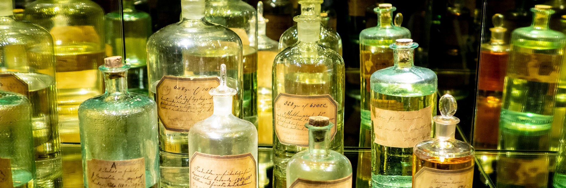 Antique spirit bottles at Spritmuseum in Stockholm, Sweden.
