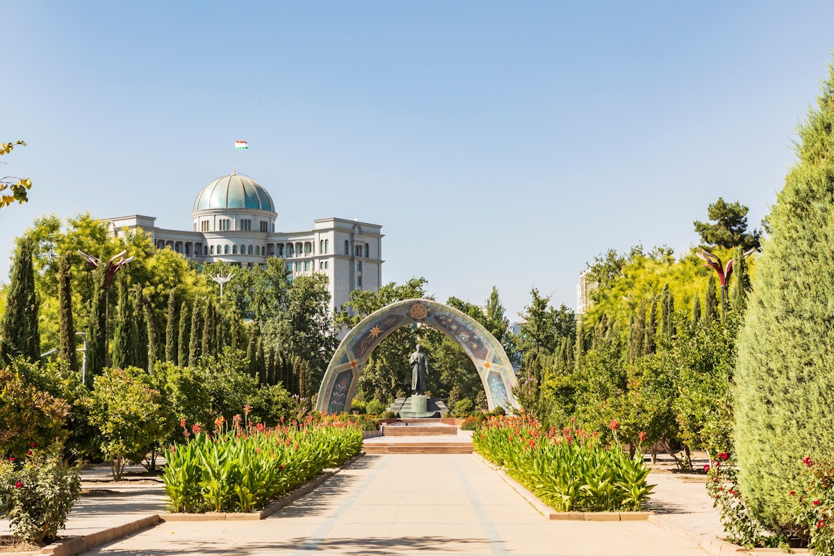 Rudaki Park and the monument to the poet Muhammad Rudaki in Dushanbe, Tajikistan.