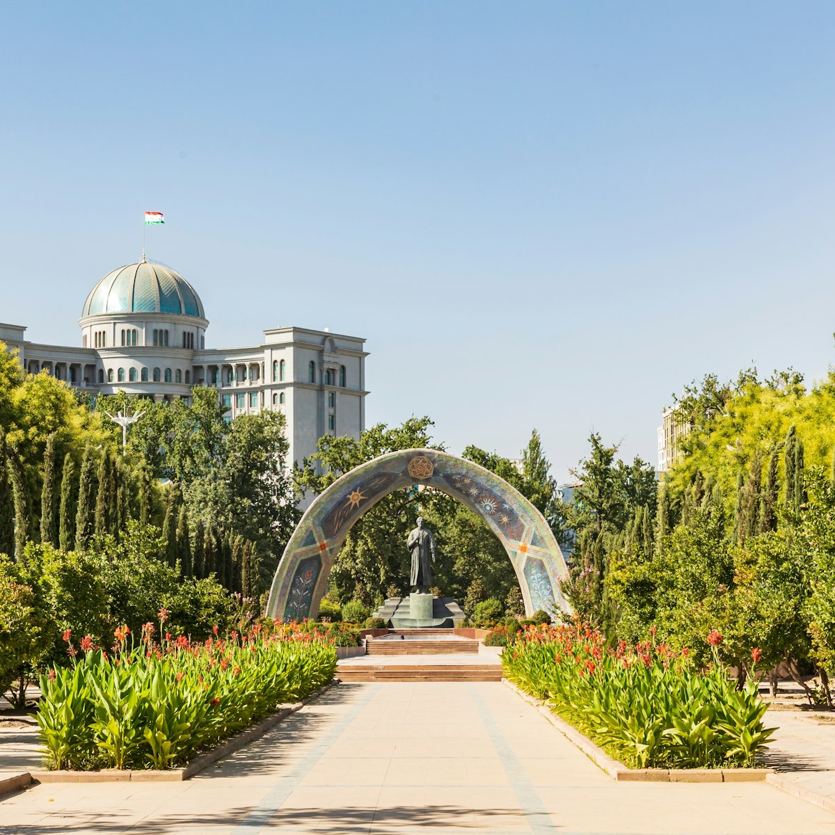 Rudaki Park and the monument to the poet Muhammad Rudaki in Dushanbe, Tajikistan.