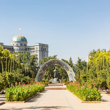 Rudaki Park and the monument to the poet Muhammad Rudaki in Dushanbe, Tajikistan.
