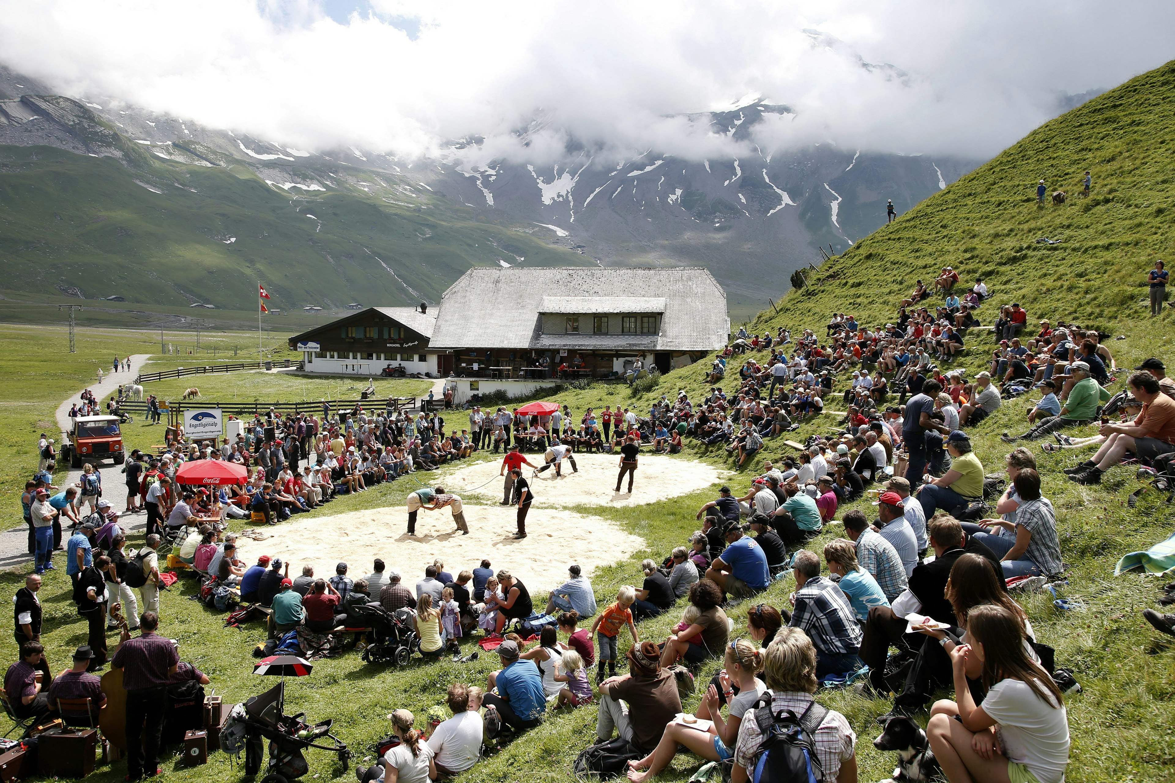 Spectators Watch Swiss Wrestling Fights (schwingen) on the Engstligenalp Near Adelboden Switzerland