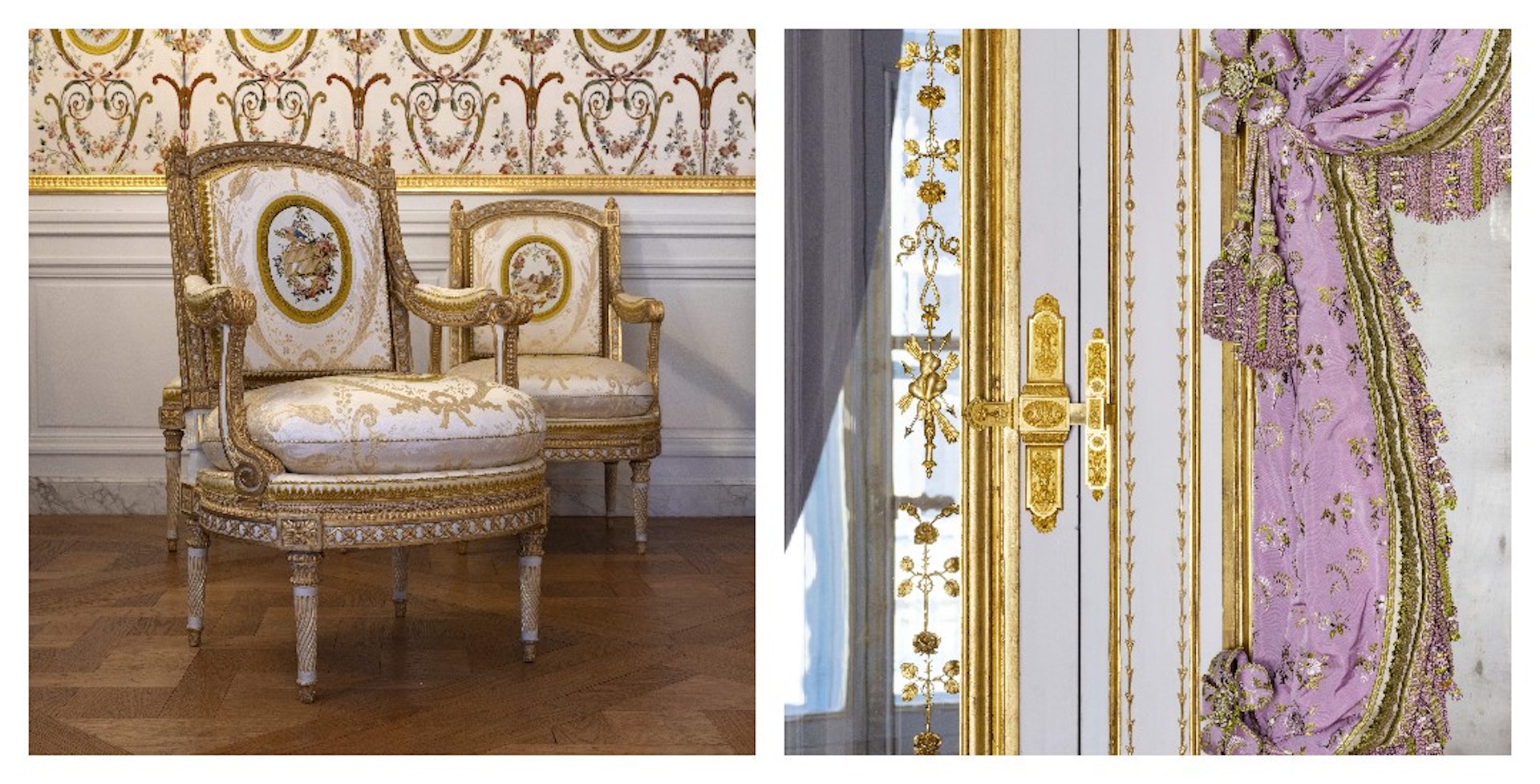 A collage of a chair and curtains from Marie-Antoinette’s chambers at the Château de Versailles, Île-de-France, France