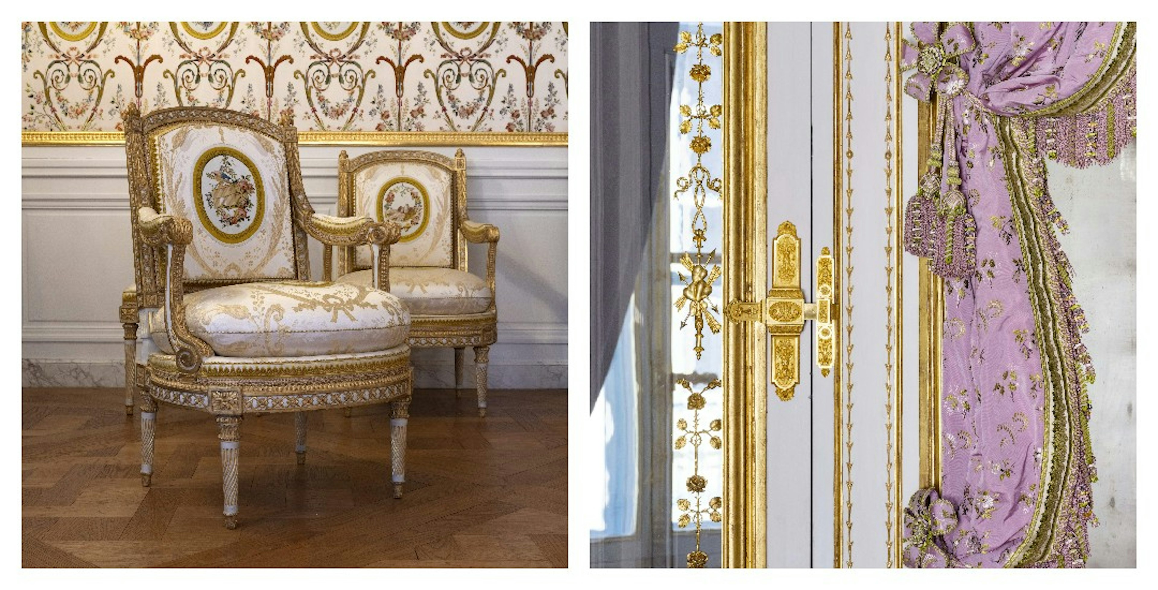 A collage of a chair and curtains from Marie-Antoinette’s chambers at the Château de Versailles, Île-de-France, France