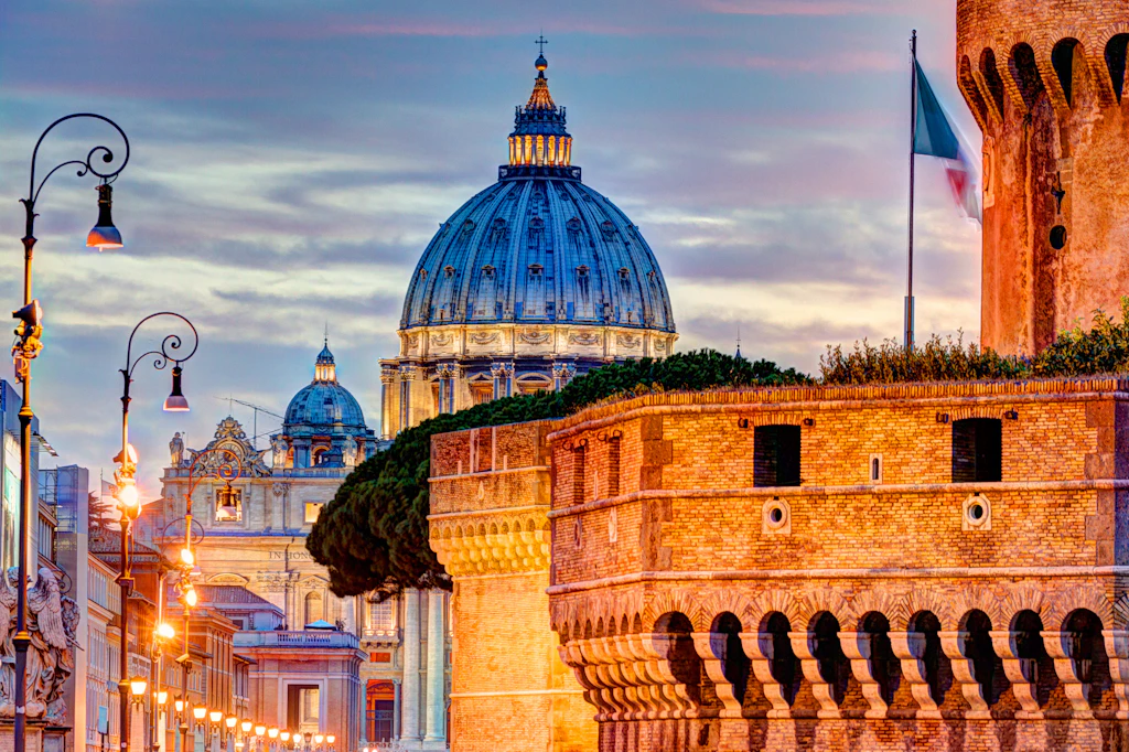 Castel Sant'Angelo, Rome A huge fortress wall with a large domed building behind