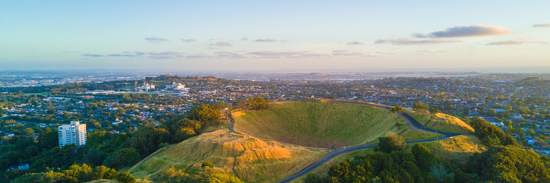 Aerial of the Mount Eden volcano in Auckland, New Zealand.