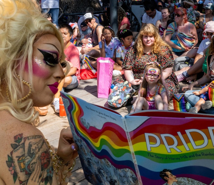 AUSTIN, TEXAS - JUNE 10: Austin, Tx drag queen Brigitte Bandit reads a book during a drag time story hour at the Waterloo Greenway park on June 10, 2023 in Austin, Texas. The Texas Senate has passed a pair of bills that defund public libraries that host Drag Queen Story Hour. The bills seek to prevent children's exposure to sexualized performances by criminalizing events where people perform under the guise of the opposite gender. (Photo by Brandon Bell/Getty Images)
1497480140