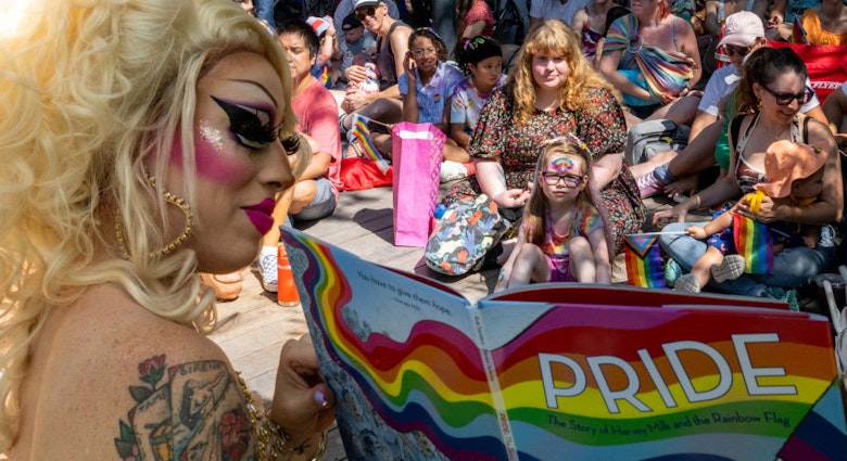 AUSTIN, TEXAS - JUNE 10: Austin, Tx drag queen Brigitte Bandit reads a book during a drag time story hour at the Waterloo Greenway park on June 10, 2023 in Austin, Texas. The Texas Senate has passed a pair of bills that defund public libraries that host Drag Queen Story Hour. The bills seek to prevent children's exposure to sexualized performances by criminalizing events where people perform under the guise of the opposite gender. (Photo by Brandon Bell/Getty Images)
1497480140